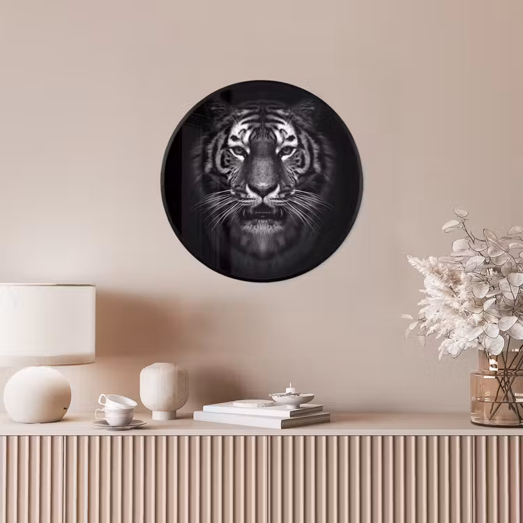 Tijger - Dieren - Zwart - Wit - Portret - Wild Fotolijst rond zonder passe partout klein -sfeer3