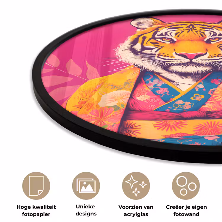 Tijger - Kimono - Planten - Roze Fotolijst rond zonder passe partout klein -closeup_NL