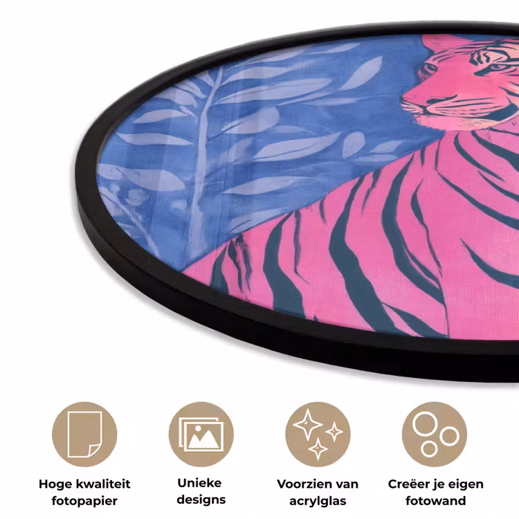 Tijger - Roze - Bladeren - Jungle Fotolijst rond zonder passe partout klein -closeup_NL