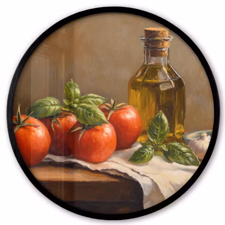 Tomaten - Olijfolie - Stilleven Fotolijst rond zonder passe partout klein -3d