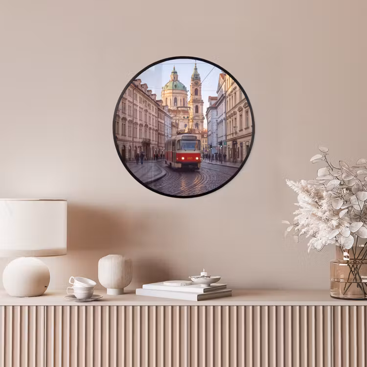 Tram - Straat - Stadsgezicht - Klassiek - Rood Fotolijst rond zonder passe partout klein -sfeer3