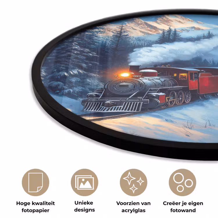 Trein - Kerst - Sneeuw - Kersttrein Fotolijst rond zonder passe partout klein -closeup_NL