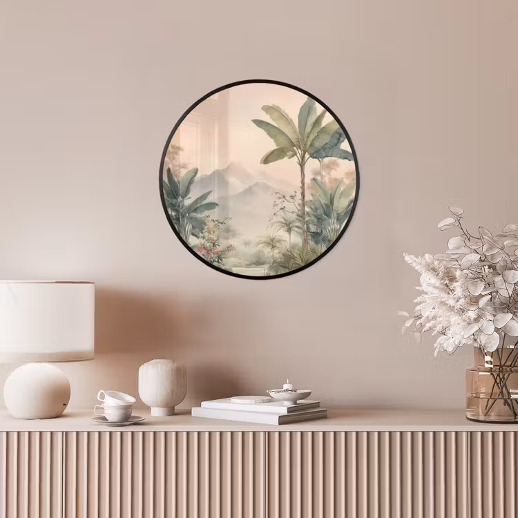 Tropisch landschap - palmbomen - Bloemen - Roze lucht Fotolijst rond zonder passe partout klein -sfeer3