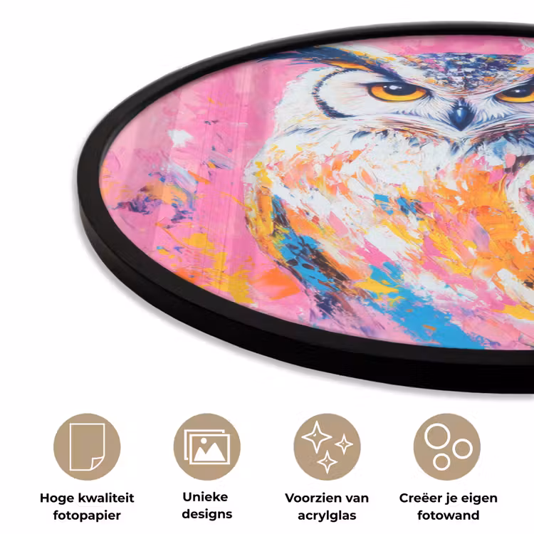 Uil - Roze - Blauw - Verf - Abstract Fotolijst rond zonder passe partout klein -closeup_NL