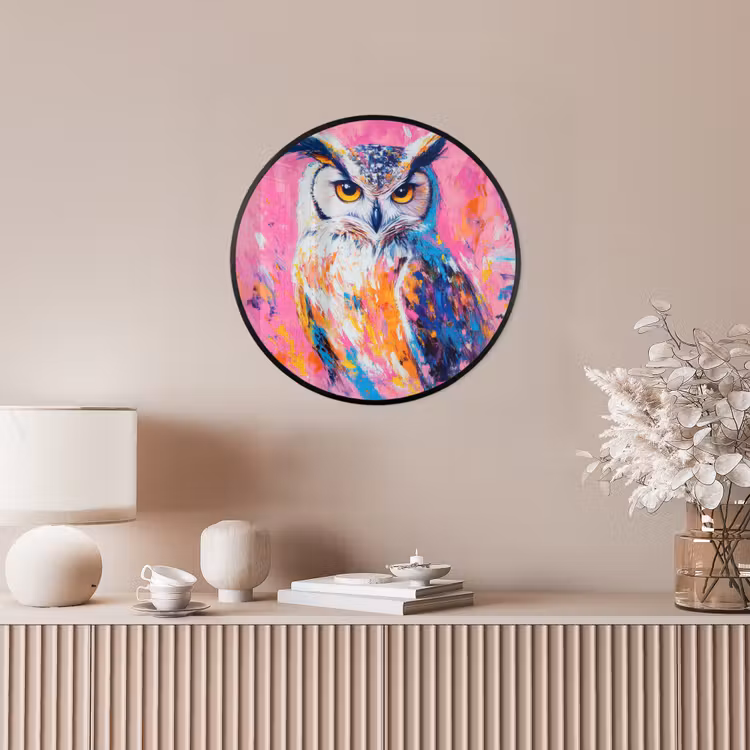 Uil - Roze - Blauw - Verf - Abstract Fotolijst rond zonder passe partout klein -sfeer3