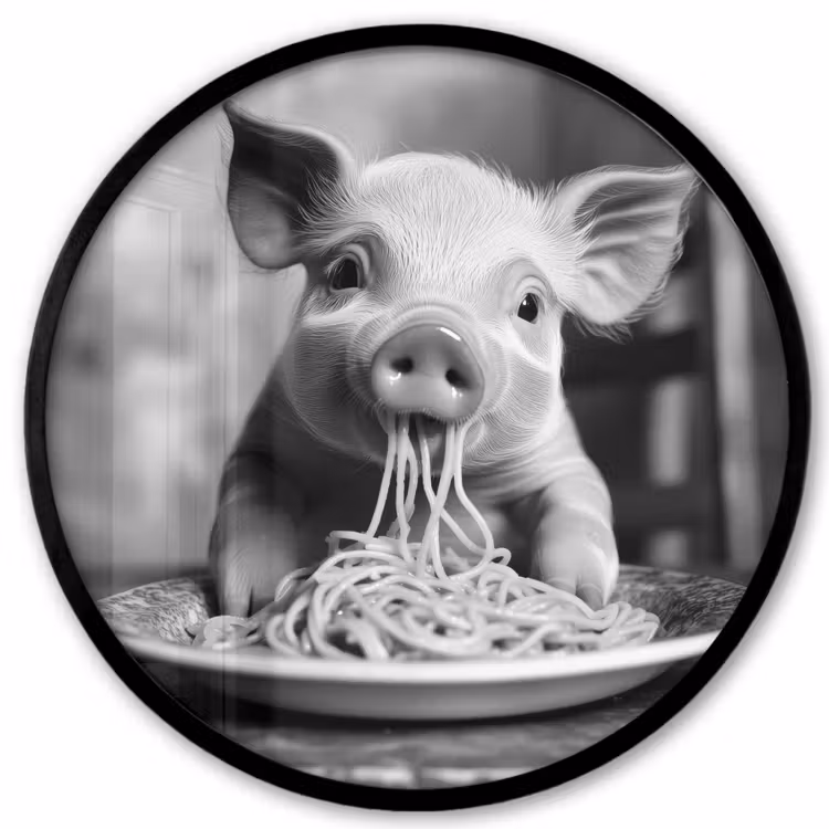 Varken - Schattig - Spaghetti - Zwart wit - Dier Fotolijst rond zonder passe partout klein -3d
