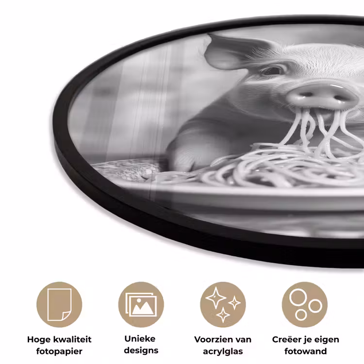 Varken - Schattig - Spaghetti - Zwart wit - Dier Fotolijst rond zonder passe partout klein -closeup_NL