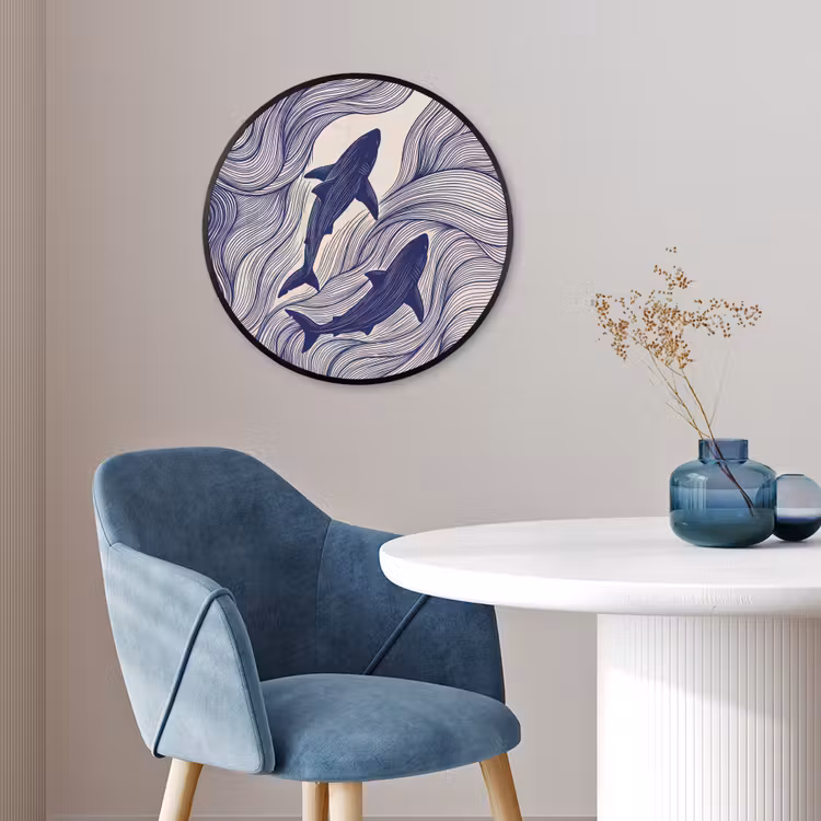 Vis - Oceaan - Lijntekening - Blauw - Dieren Fotolijst rond zonder passe partout klein -sfeer2