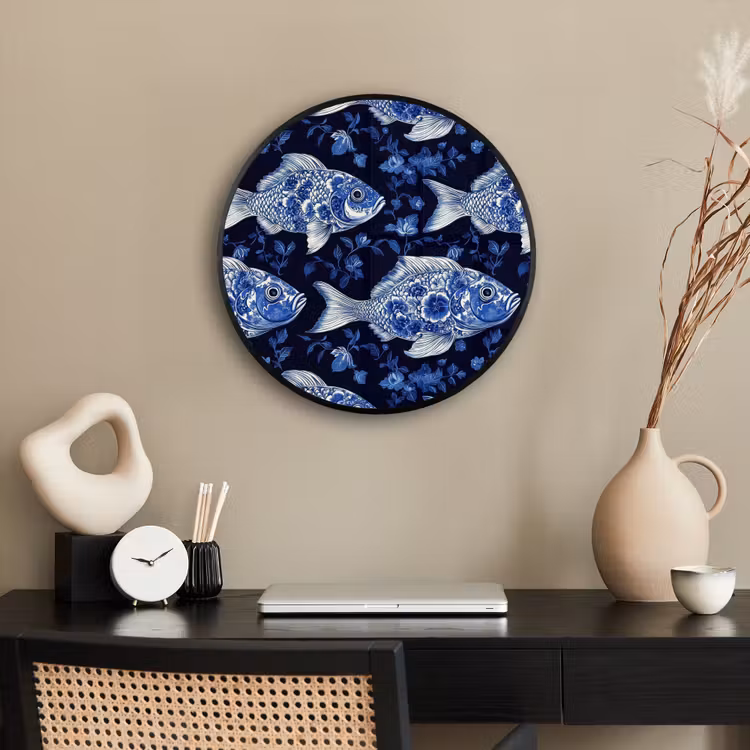 Vissen - Bloemen - Blauw Fotolijst rond zonder passe partout klein 856 -sfeer1
