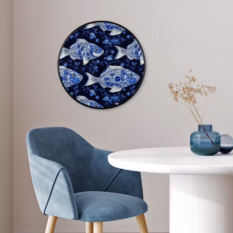 Vissen - Bloemen - Blauw Fotolijst rond zonder passe partout klein 856 -sfeer2