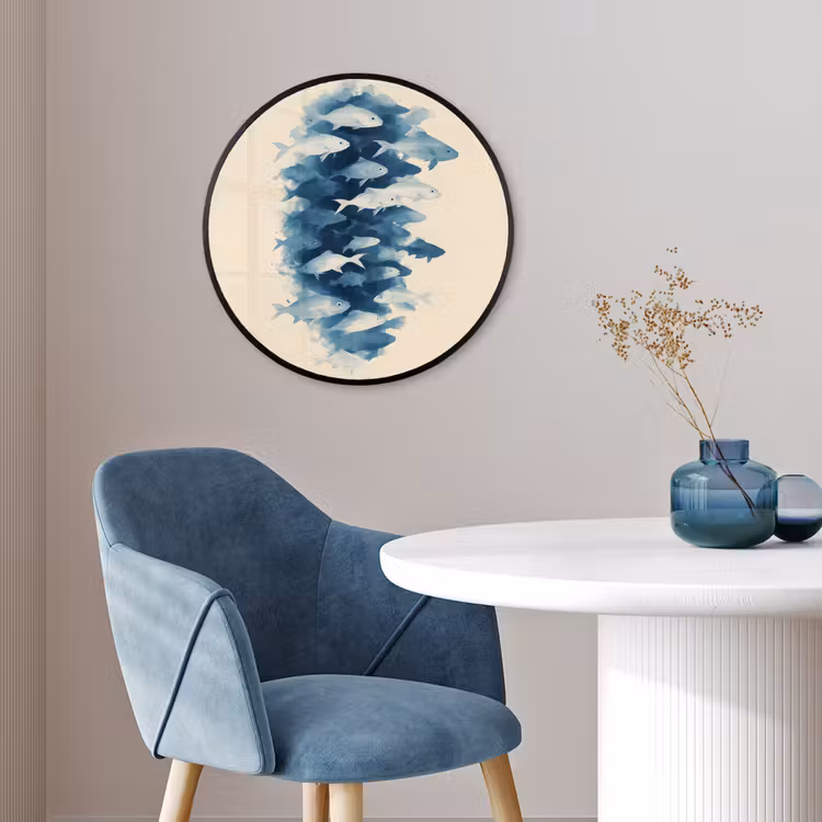 Vissen - Minimalistisch - Blauw Fotolijst rond zonder passe partout klein -sfeer2