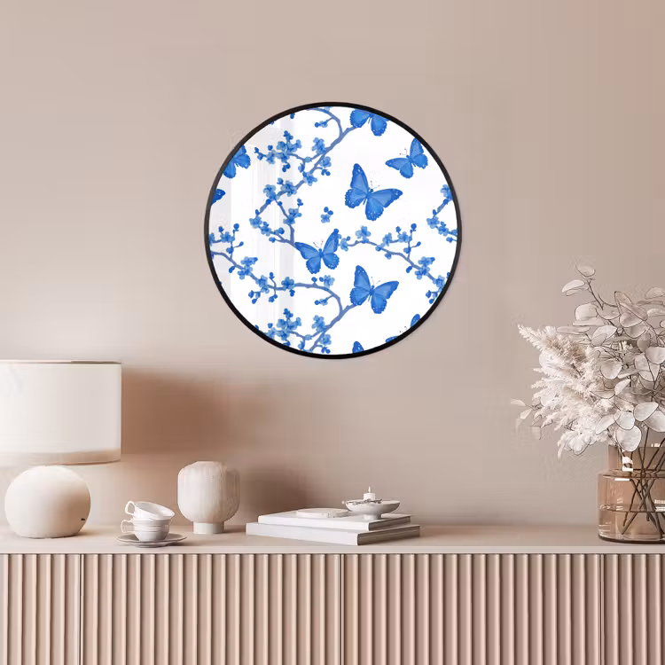 Vlinder - Bloemen - Blauw Fotolijst rond zonder passe partout klein 856 -sfeer3
