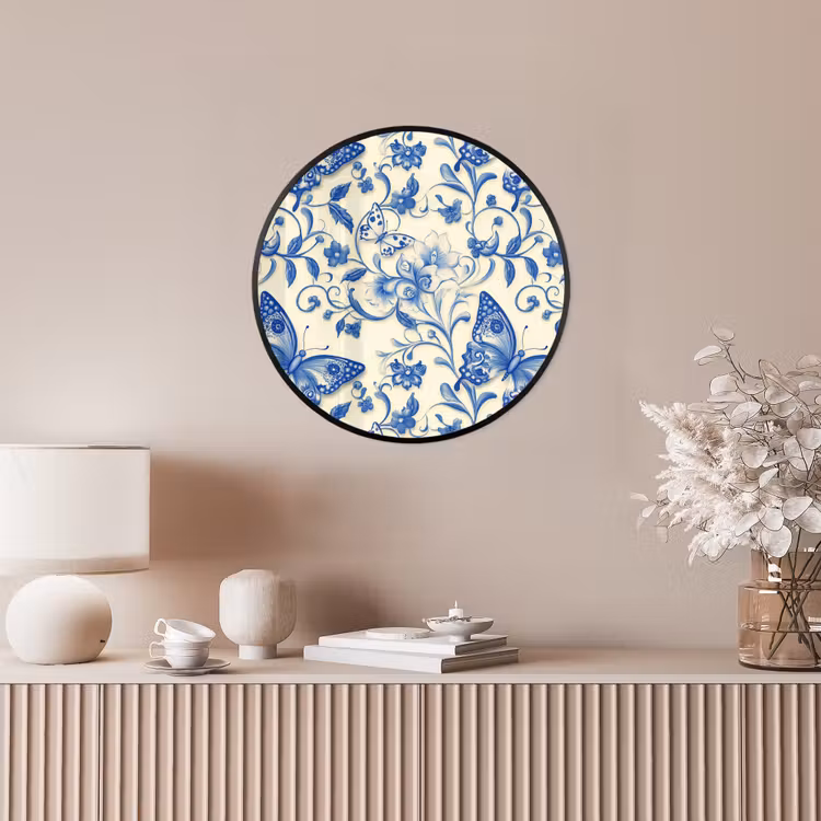Vlinders - Bloemen - Blauw - Botanisch Fotolijst rond zonder passe partout klein 856 -sfeer3