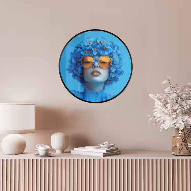 Vrouw - Bloem - Blauw - Modern - Bril - Portret Fotolijst rond zonder passe partout klein -sfeer3