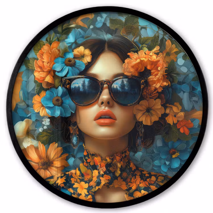 Vrouw - Bloemen - Oranje - Blauw - Modern Fotolijst rond zonder passe partout klein -3d
