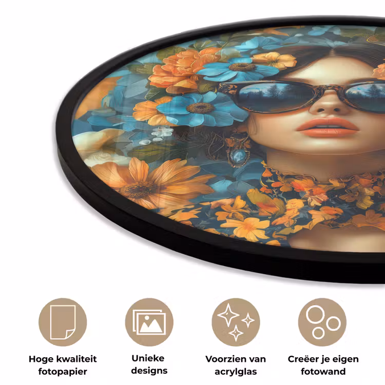 Vrouw - Bloemen - Oranje - Blauw - Modern Fotolijst rond zonder passe partout klein -closeup_NL