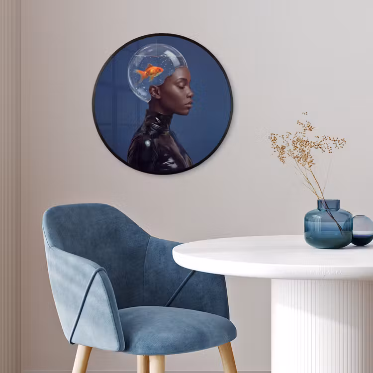 Vrouw - Goudvis - Hoofd - Abstract - Blauw Fotolijst rond zonder passe partout klein -sfeer2