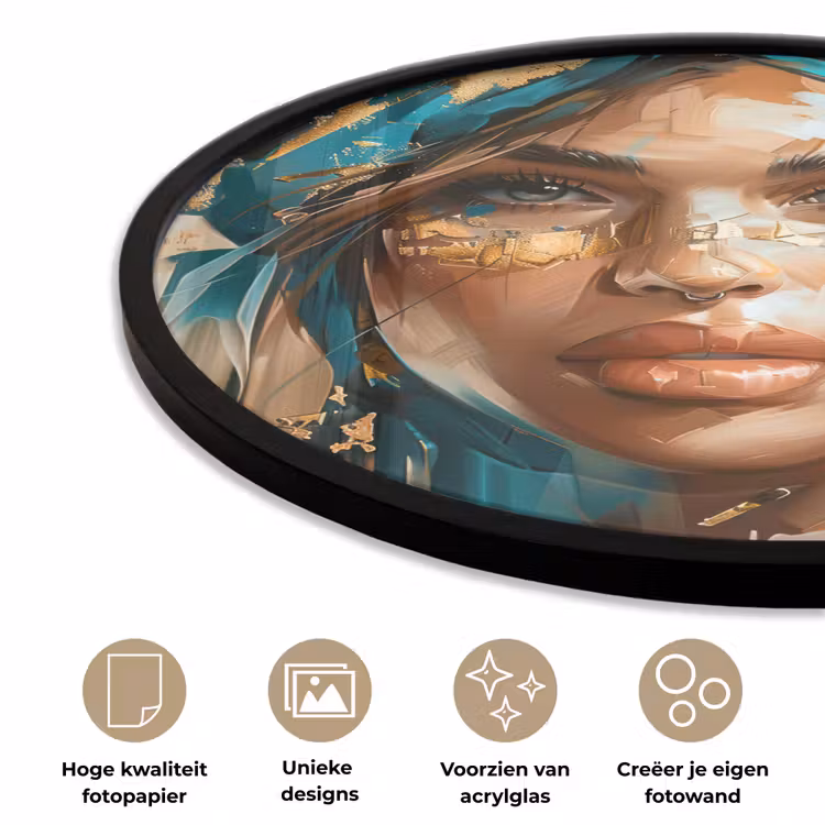 Vrouw - Portret - Goud - Luxe - Blauw Fotolijst rond zonder passe partout klein -closeup_NL