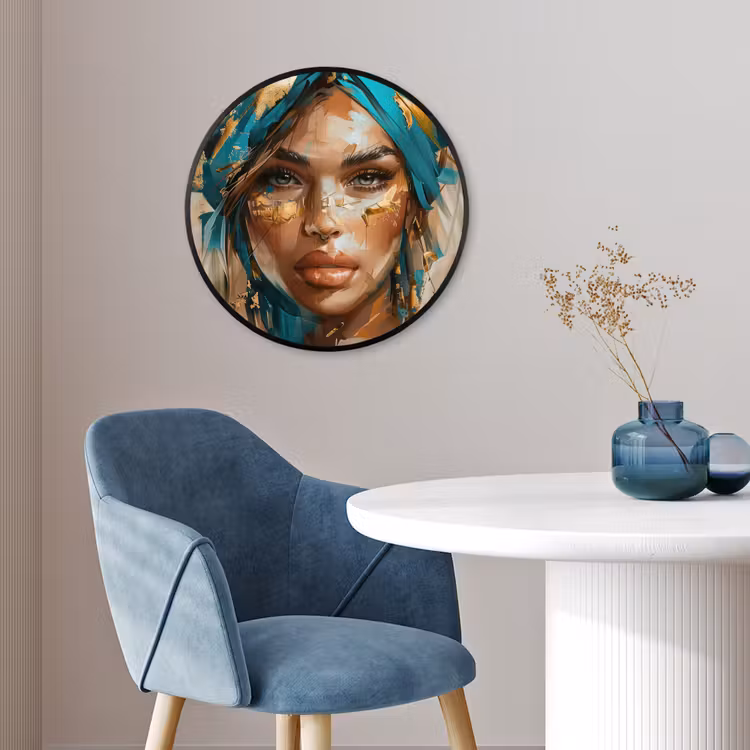 Vrouw - Portret - Goud - Luxe - Blauw Fotolijst rond zonder passe partout klein -sfeer2
