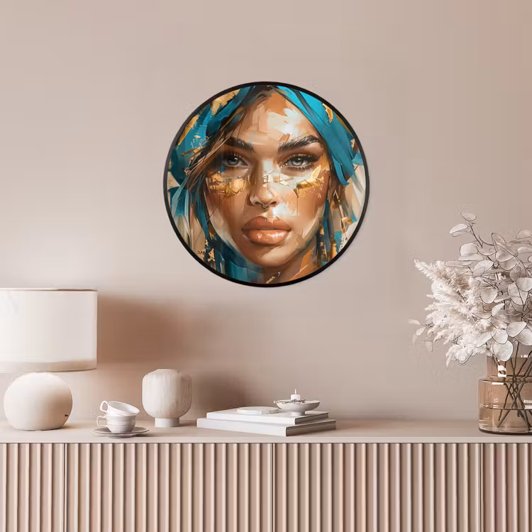 Vrouw - Portret - Goud - Luxe - Blauw Fotolijst rond zonder passe partout klein -sfeer3