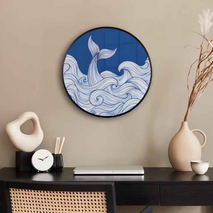Walvis - Staart - Golven - Lijntekening - Blauw Fotolijst rond zonder passe partout klein -sfeer1