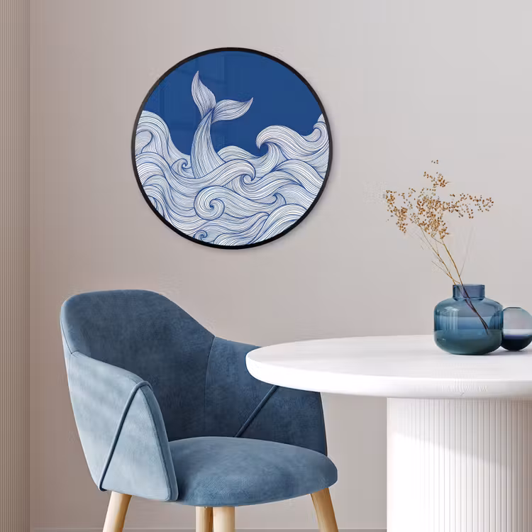 Walvis - Staart - Golven - Lijntekening - Blauw Fotolijst rond zonder passe partout klein -sfeer2