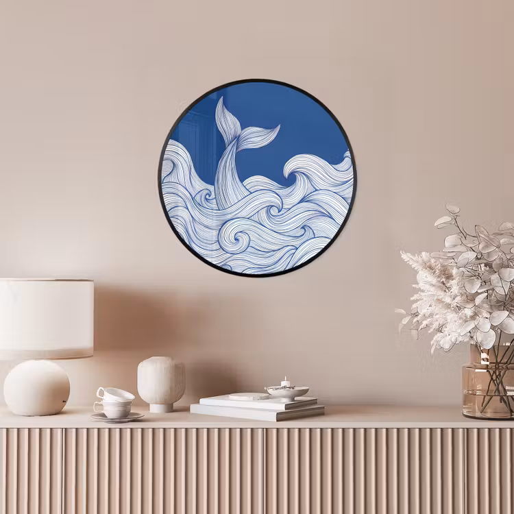 Walvis - Staart - Golven - Lijntekening - Blauw Fotolijst rond zonder passe partout klein -sfeer3
