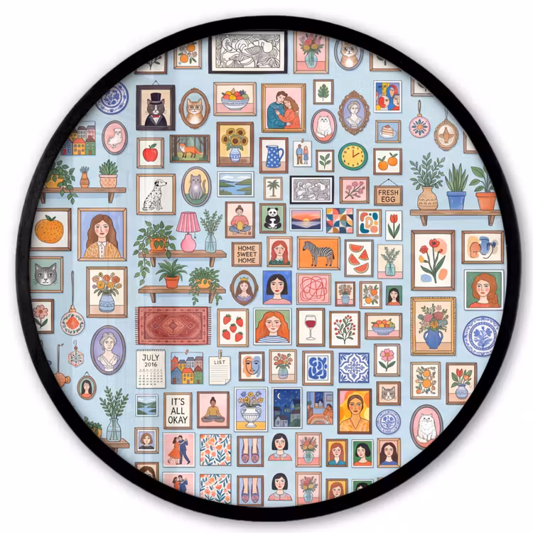 Wanddecoratie - Collectie - Huis - Illustratief - Kleurrijk Fotolijst rond zonder passe partout klein -3d