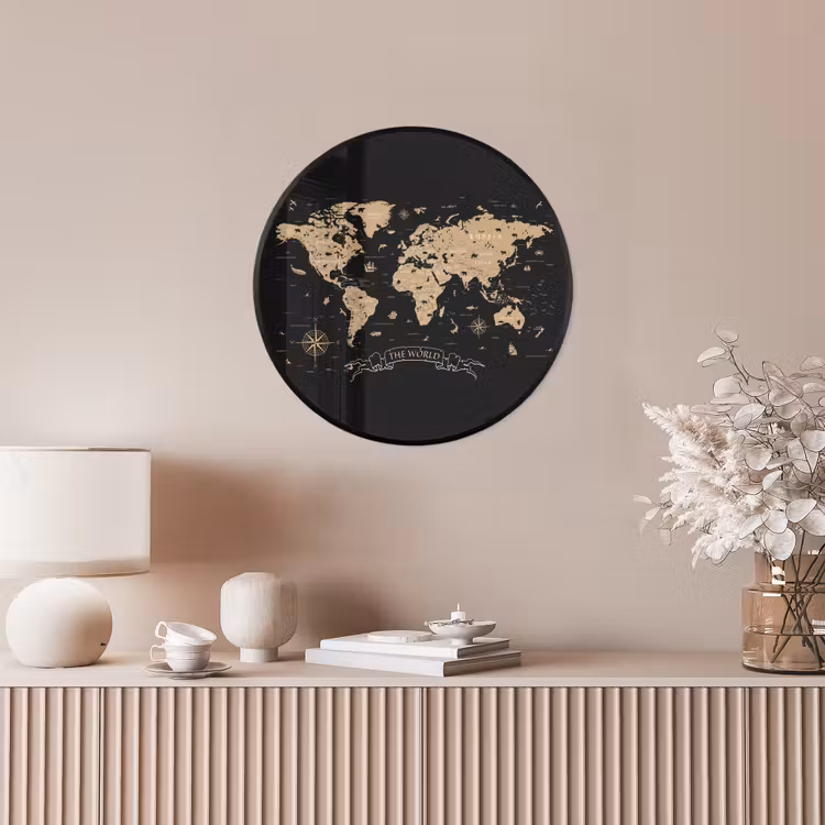 Wereldkaart - Beige - Zwart Fotolijst rond zonder passe partout klein -sfeer3
