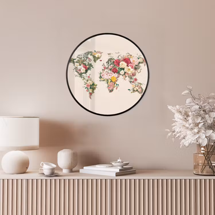 Wereldkaart - Bloemen - Roze Fotolijst rond zonder passe partout klein -sfeer3