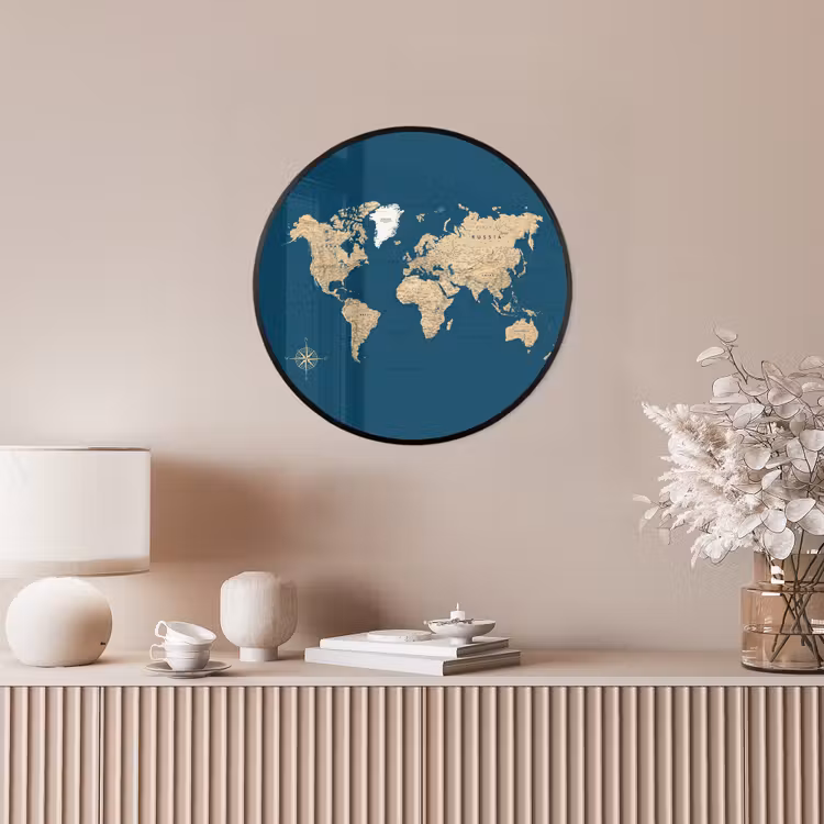 Wereldkaart - Donkerblauw - Beige Fotolijst rond zonder passe partout klein -sfeer3