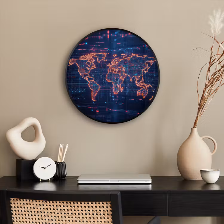 Wereldkaart - Futuristisch - Oranje Fotolijst rond zonder passe partout klein -sfeer1
