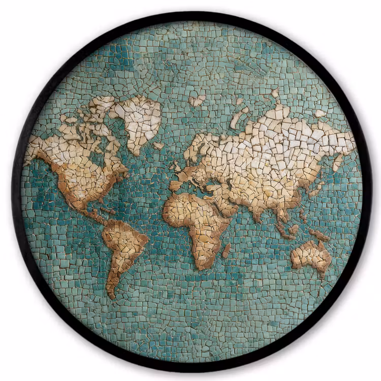 Wereldkaart - Gebroken tegels - Mozaïek Fotolijst rond zonder passe partout klein -3d