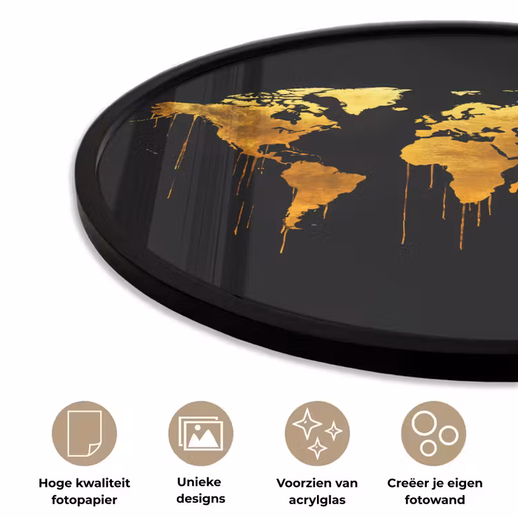 Wereldkaart - Goud - Druipen - Zwart Fotolijst rond zonder passe partout klein -closeup_NL