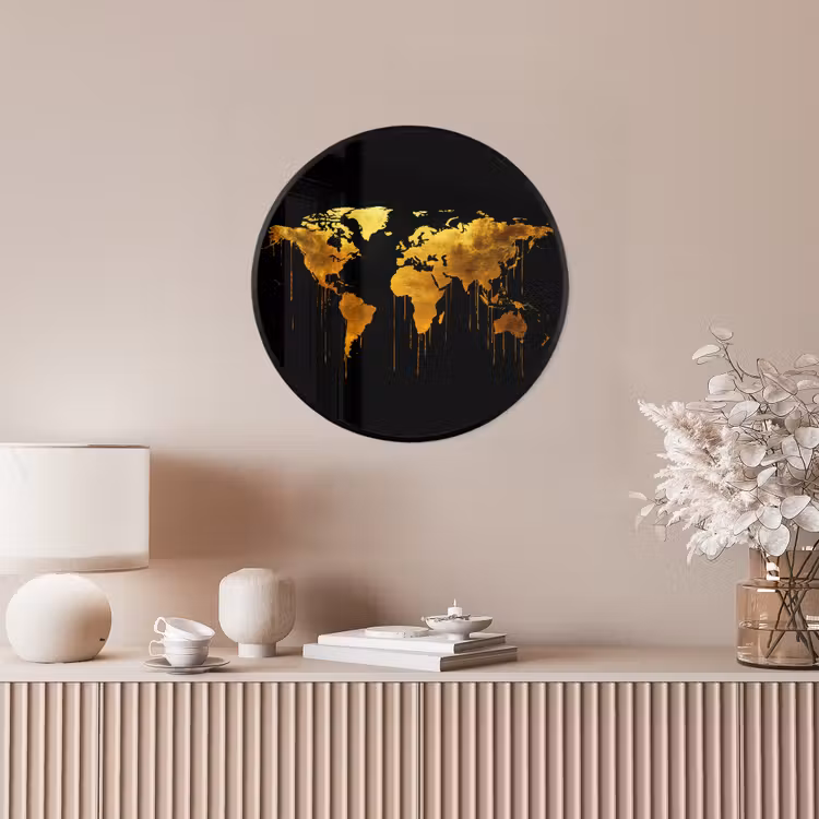 Wereldkaart - Goud - Druipen - Zwart Fotolijst rond zonder passe partout klein -sfeer3