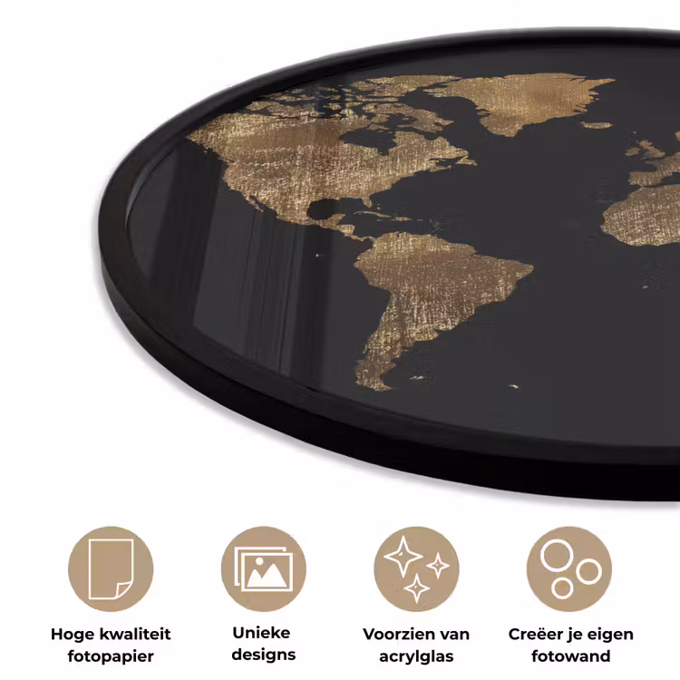 Wereldkaart - Goud - Luxe - Aarde - Zwart Fotolijst rond zonder passe partout klein -closeup_NL