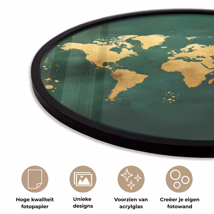 Wereldkaart - Groen - Goud Fotolijst rond zonder passe partout klein -closeup_NL