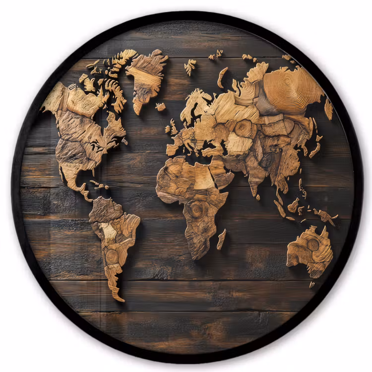 Wereldkaart - Hout - Mozaïek Fotolijst rond zonder passe partout klein -3d