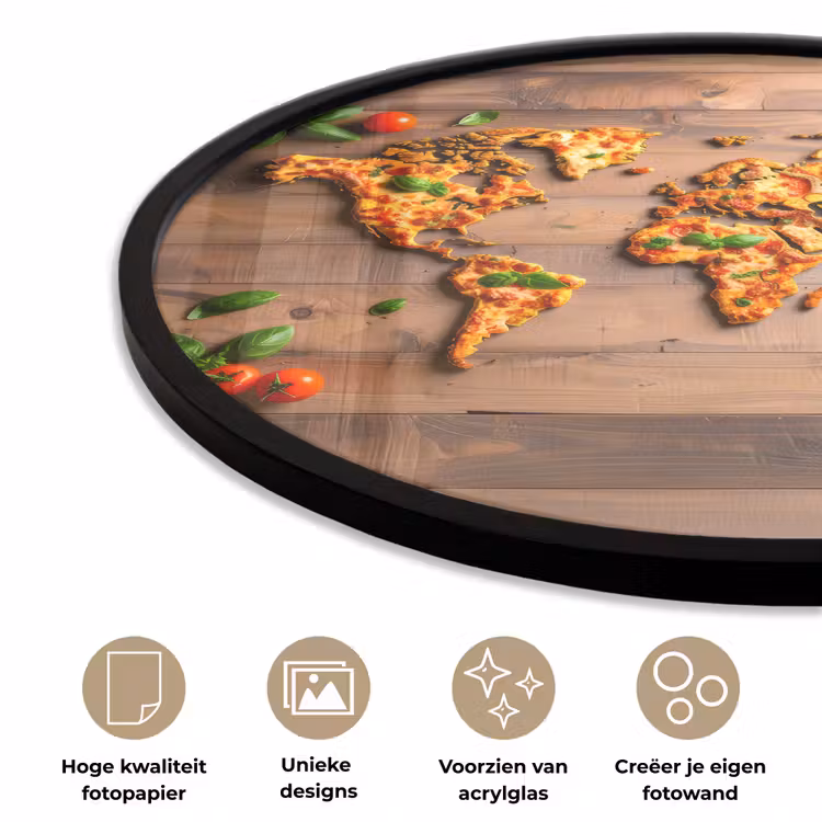 Wereldkaart - Pizza - Houten ondergrond Fotolijst rond zonder passe partout klein -closeup_NL