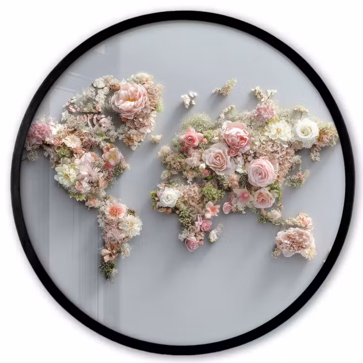 Wereldkaart - Rozen - Roze Fotolijst rond zonder passe partout klein -3d