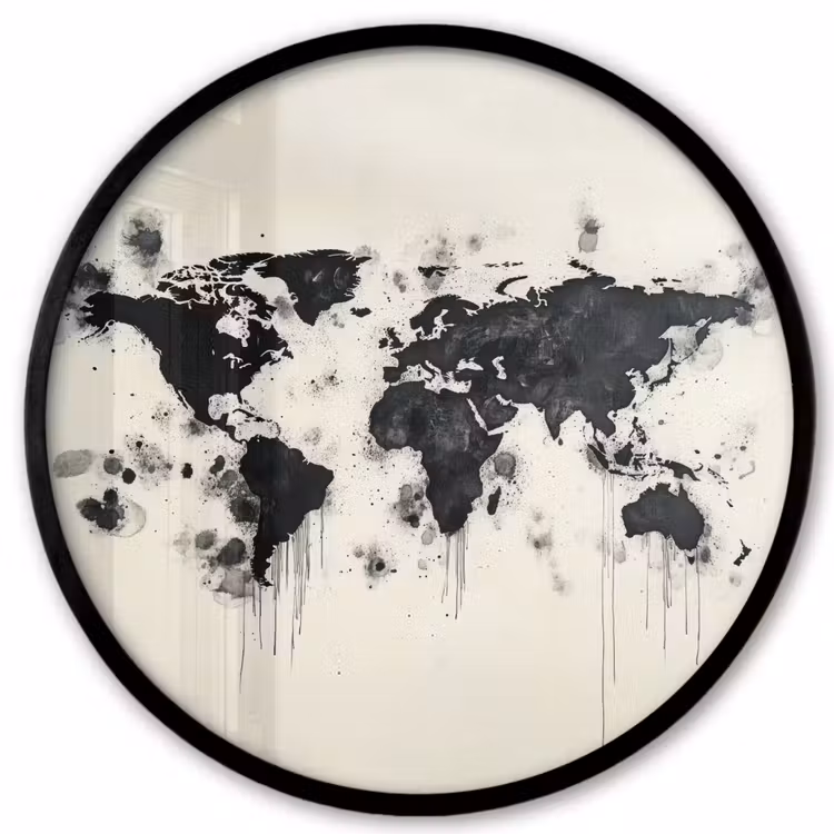 Wereldkaart - Zwart - Inkt Fotolijst rond zonder passe partout klein -3d