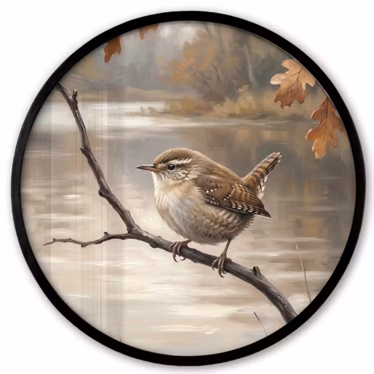 Winterkoninkje - Tak - Rivier - Natuur - Sfeervol Fotolijst rond zonder passe partout klein -3d
