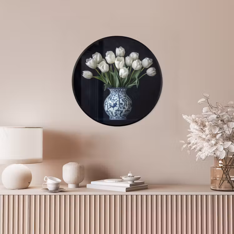 Wit - Bloemen - Tulpen - Vaas Fotolijst rond zonder passe partout klein -sfeer3