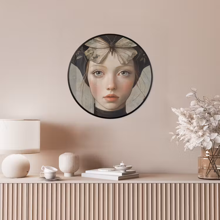 Woman - Butterfly - Art - Classic - Muted Fotolijst rond zonder passe partout klein -sfeer3