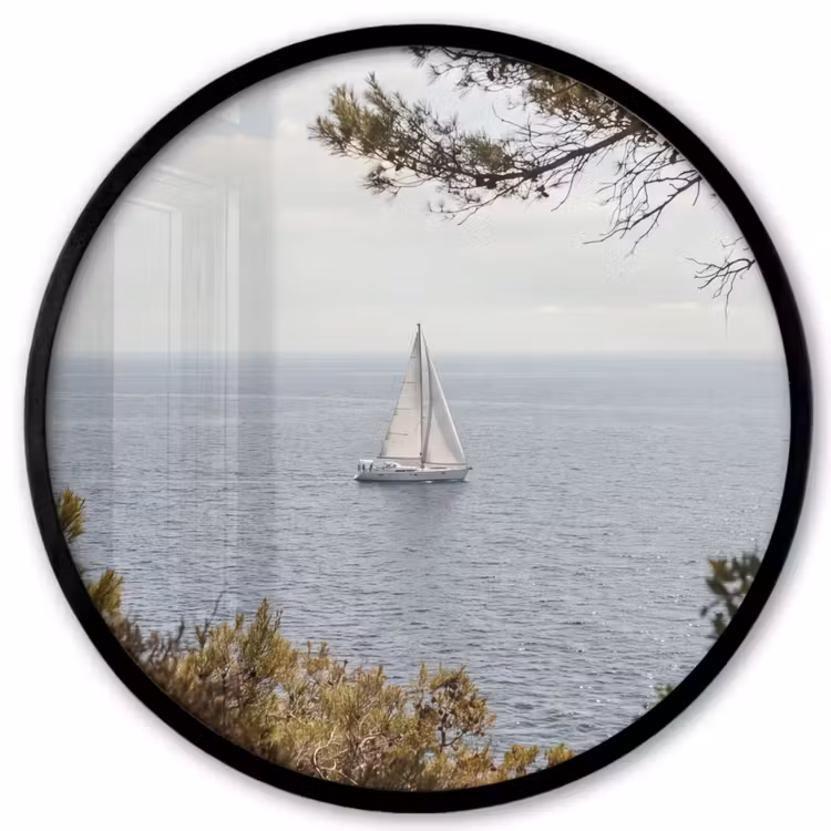 Ronde fotolijst - Zeilboot - bomen - water - Zeilboot - bomen - water Fotolijst rond zonder passe partout klein