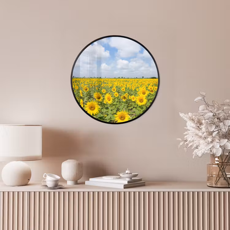 Zonnebloemen - Bloemen - Wolken - Natuur - Geel - Landschap Fotolijst rond zonder passe partout klein -sfeer3