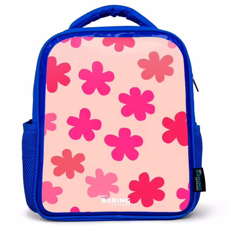 Roze bloemen Kinderrugzak - Blauw middel -3d