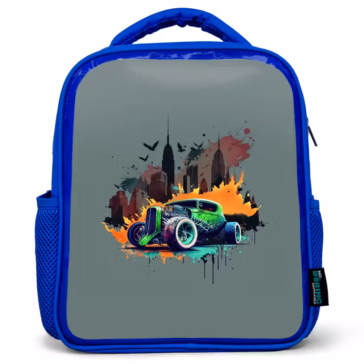 Auto in spookstad Kinderrugzak - Blauw middel -3d