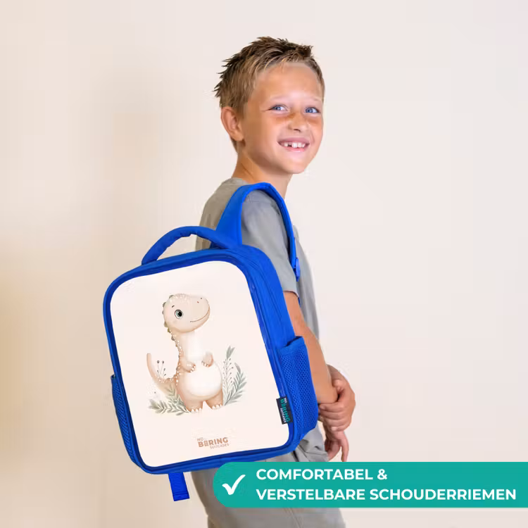 Beige dinosaurus met groene blaadjes Kinderrugzak - Blauw middel -sfeer3_NL