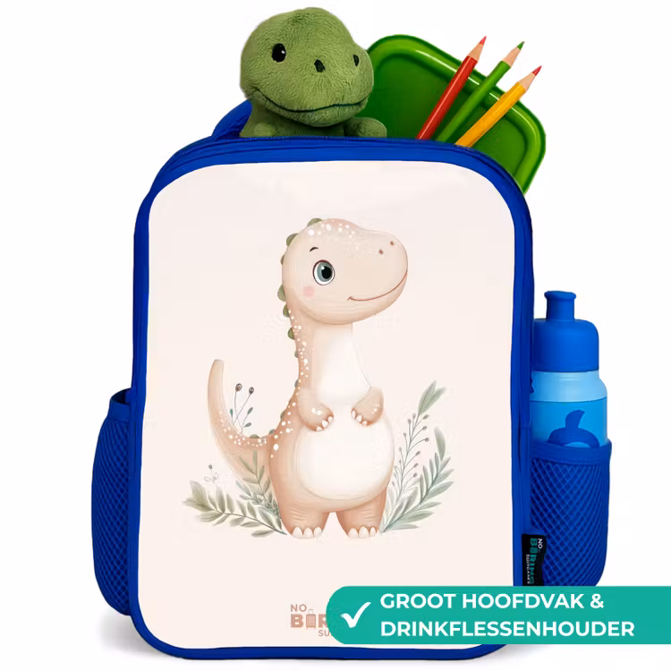 Beige dinosaurus met groene blaadjes Kinderrugzak - Blauw middel -inhoud_NL